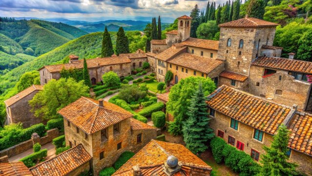 Ancient stone structures amidst lush greenery and terracotta rooftops in a Tuscan sanctuary
