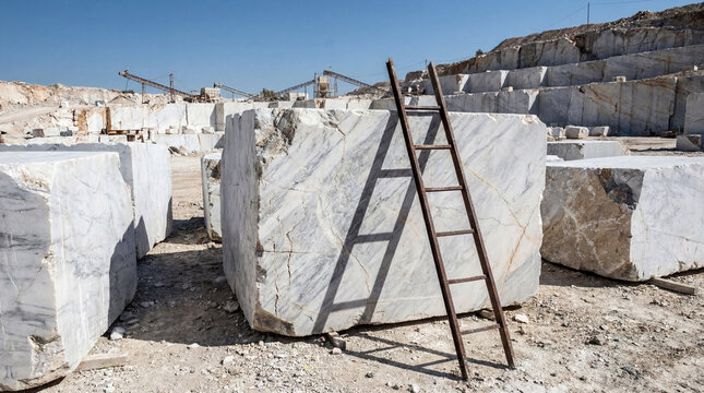 Huge white marble blocks at an active quarry site under a clear blue sky. A robust ladder leans against a raw stone block