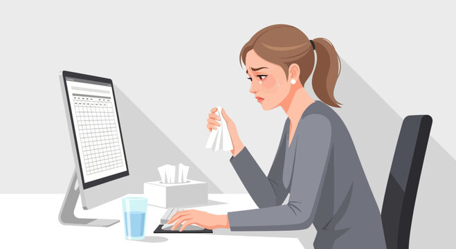 Woman Crying at a Computer: Emotional Illustration Depicting Sadness and Anxiety