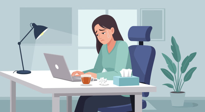 Woman Crying at Workplace: Depressed Employee Working on Laptop, Feeling Overwhelmed