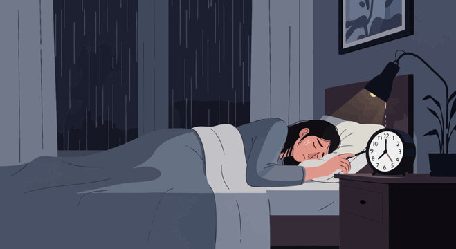 Woman Crying in Bed With a Clock Demonstrating Difficulties Falling Asleep At Night