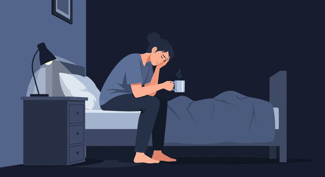 Woman Depressed And Alone With Coffee Cup In Bedroom Symbolizing Emotional Distress