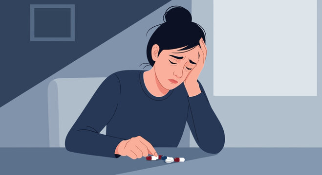 Woman Depressed And Contemplating Medication in a Dark Despair Environment Illustration