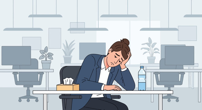 Woman Depressed or Overwhelmed at the Modern Workplace Exhaustion Concept