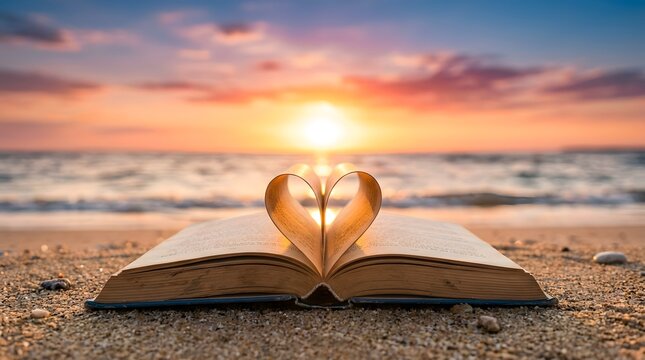 Open book on beach with heart shaped pages at sunset