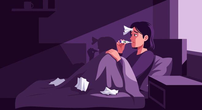 Woman Diagnosing Illness And Measuring Temperature In The Dimmed Bedroom At Home