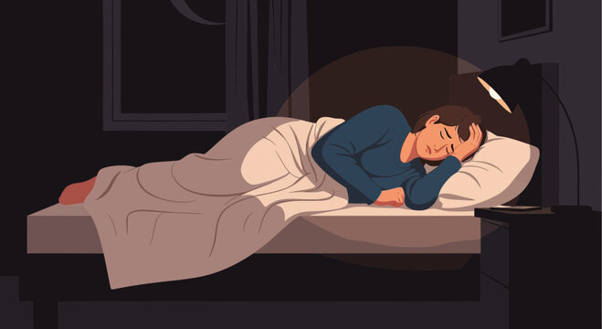 Woman Dreaming Peacefully in Bed Under Moonlight And Soft Lamp Light In Night