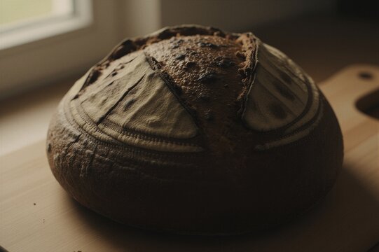 A rustic sourdough boule bread sits on a wooden cutting board in an inviting indoor kitchen, bathed in soft morning sunlight.