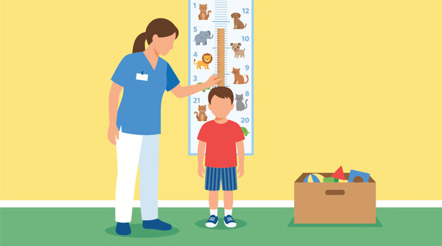 Pediatrician Measuring Height of Young Boy on Wall Chart