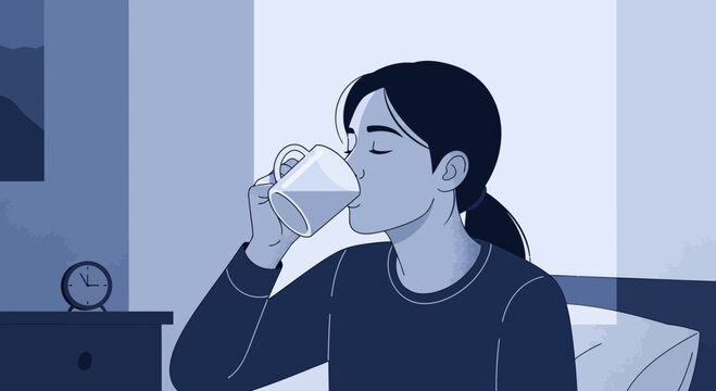 Woman Drinking Beverage Before Bedtime in a Relaxed Bedroom Scene Illustration