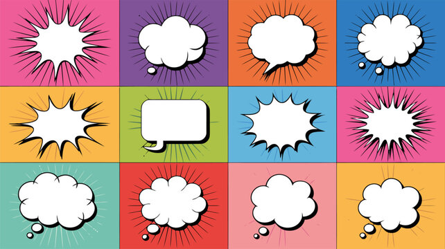 Twelve comic book style speech bubbles on colorful square backgrounds cartoon celebration