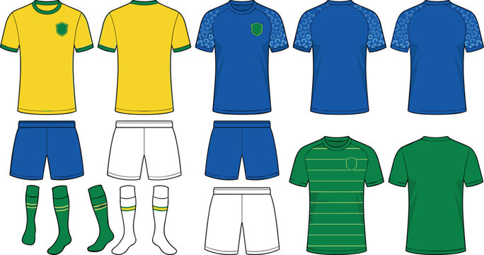 Soccer football jersey mockup vector template set with t-shirts shorts and socks sports kit designs
