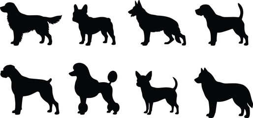 Popular dog breeds silhouette vector icons set featuring golden retriever, french bulldog, german shepherd, poodle, and husky © MstRehna