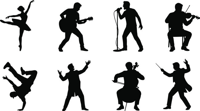 Performing arts silhouettes vector icon set featuring ballet dancer guitarist singer violinist breakdancer opera actor cellist and conductor