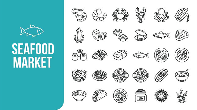 Detailed collection of thin line seafood market icons featuring various fish crustaceans and gourmet culinary dishes