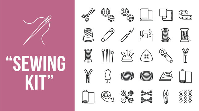 Set of black line art sewing icons featuring essential tailoring tools on a dusty rose background