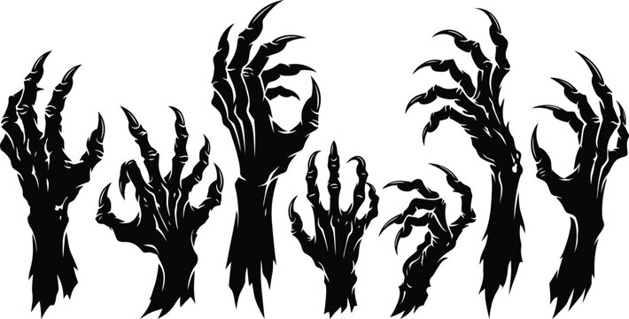 Spooky zombie hands silhouette set isolated on white background