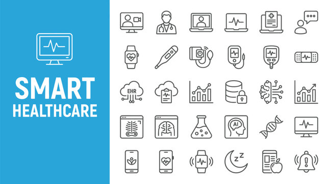 Set of black line icons representing modern smart healthcare technology and digital medical diagnostic services