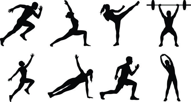 Fitness and sports silhouettes collection featuring running weightlifting yoga kickboxing and stretching exercises in image_22f1c4.png