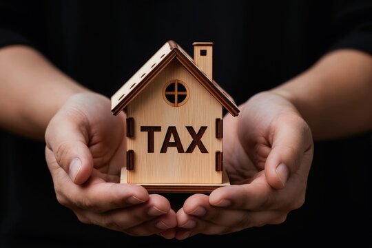 Hands hold small wooden house model with word TAX engraved. Property tax concept, financial burden on homeowners, real estate ownership cost. House value assessment and payment.