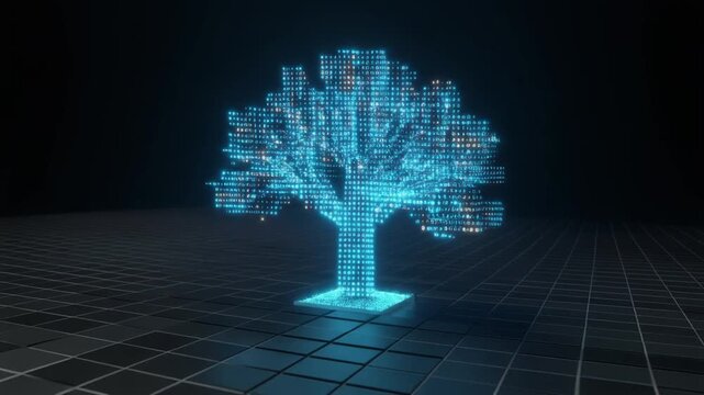 Data processing and microchip technology concept. Glowing blue circuit boards on dark grid background. Electronic components with illuminated nodes. Static high-tech visualization for presentations.