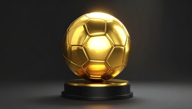 Golden Soccer Ball Trophy Illuminated on Black Stand in Dark Studio Setting with Luxurious Reflective Surface and Dramatic Lighting for Sports Achi...