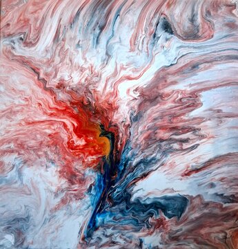 Pintura abstrata contempor&acirc;nea, movimento de ascens&atilde;o org&acirc;nico, em tons de vermelho, azul,  branco, cinza e dourado.