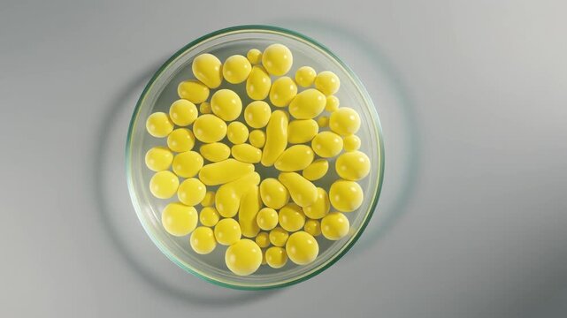Petri dish with growing yellow bacteria colonies on agar gel, static shot, laboratory setting for microbiology research and medical science