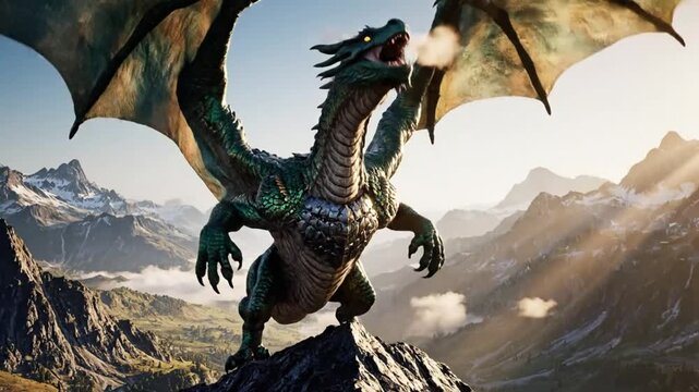Epic Fantasy Dragon Roaring atop Rocky Mountain Peak with Spread Wings and Breathed Smoke against Sunset Landscape