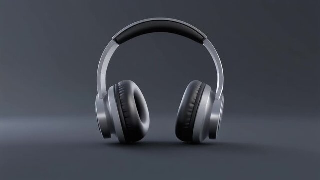 Over-ear wireless headphones in silver and black. Noise cancelling headset with padded ear cups. 3D render of audio device for music and calls. Isolated on dark gradient background.