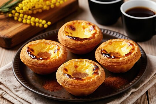 Four Portuguese custard tarts are on dark plate dusted with cinnamon. Beside them are two cups of coffee and yellow mimosa flowers on wood background.