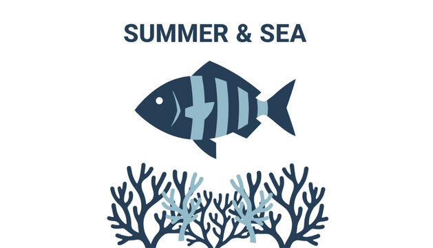 Graphic illustration featuring a striped fish swimming above coral reefs with the text Summer and Sea on top.