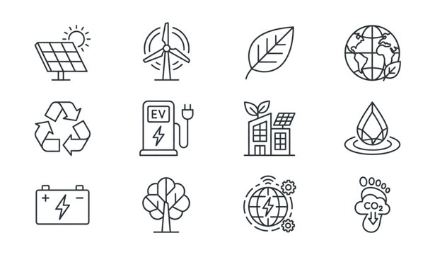 Eco Development Essentials Line Icon Set with Sustainability and Green Energy Symbols