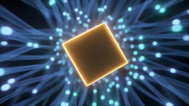 Golden 3D cube floating in futuristic neon light rays. Abstract geometric shape with metallic gold finish. Blue and cyan light particles create dynamic background effect for tech presentations.