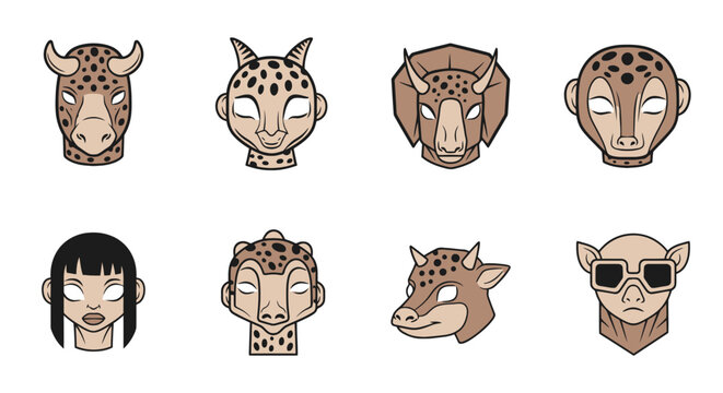 Collection of stylized animal and human faces with flat design