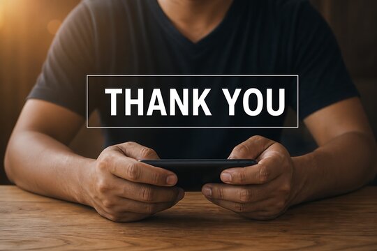 Grateful man holding smartphone displaying thank you message on wooden table