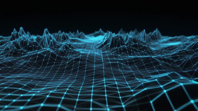 Cyber network and data flow concept animation. Glowing blue wireframe mesh grid with interconnected nodes. Seamless looping motion graphic for technology and digital communication presentations.