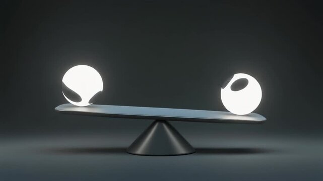 Lunar phases and moon cycle animation. Full moon transitioning to crescent moon on metallic rod. Glowing white spheres against dark gradient background. Seamless loop for astronomy presentations.