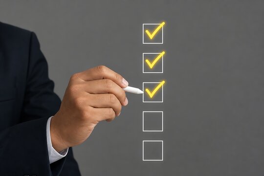 Businessman checking off completed tasks on a checklist with a marker