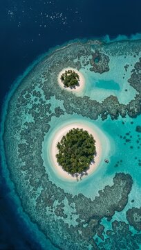 Aerial view of tropical islands surrounded by turquoise coral reef.