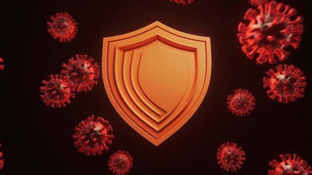 Pandemic protection and healthcare security concept. Gold shield icons with COVID-19 virus particles surrounding them. Vector illustration for medical safety and disease prevention campaigns.