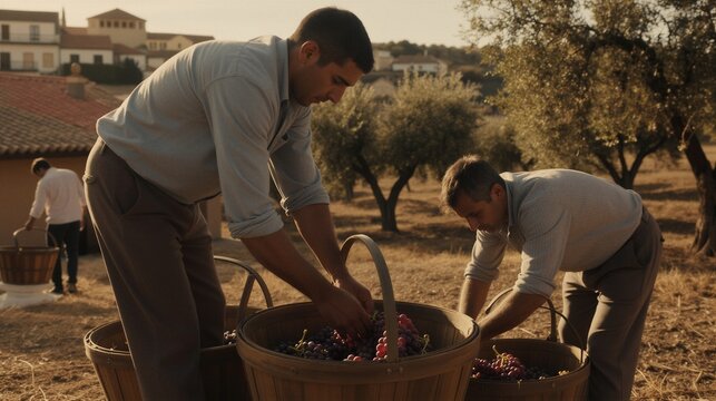 Two men in worn shirts and pants harvest rich purple grapes under warm golden hour light in a sun-kissed Mediterranean vineyard.