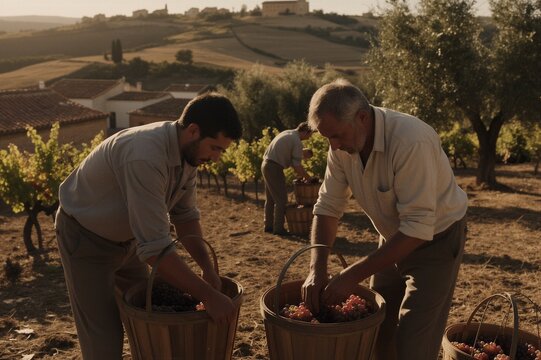 Three men harvest grapes under warm golden hour light in a traditional vineyard, surrounded by lush green rows of ancient vines.