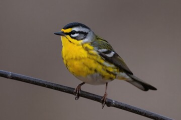 Fototapeta premium Male yellow-rumped warbler perches on thin branch. Tiny songbird displays bright yellow breast, grey black cap, white eye ring. Small wild avian species.