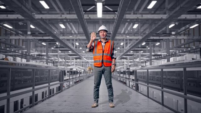 Full Body Of Asian Male Engineer With Safety Helmet Smiling To Camera And Waving Hand Saying Bye While Standing at Solar Panel Manufacturing Factory with Automated Robotic Assembly Line