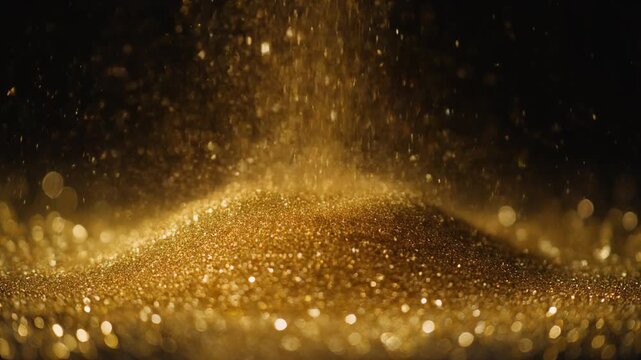 Luxury gold glitter texture background with flowing waterfall effect. Glossy reflective sequins create shimmering metallic surface for high-end design projects.