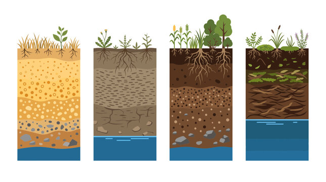 Educational Cross Section Diagrams Illustrating Different Types of Soil Profiles and Groundwater Levels Beneath Various Vegetation Habitats