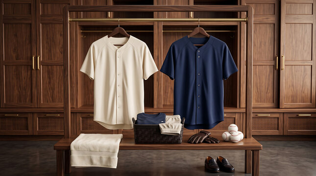 Premium Minimalist Baseball Jerseys Displayed in a Sophisticated Custom Wooden Walk-in Closet Wardrobe Setting