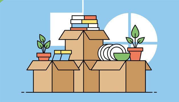 Stack of packed cardboard boxes filled with books, houseplants, and dishes for a house moving day.