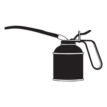 High contrast black and white vector silhouette and line art of a traditional thumb-pump oiler can with a long nozzle.